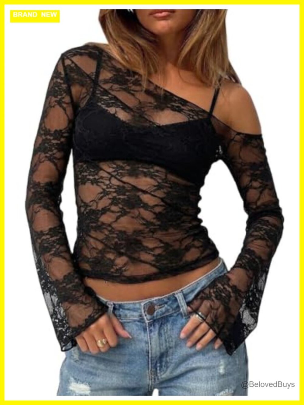 Y2K Lace Off Shoulder Top Long Sleeve Sheer Mesh Slim Fit Clubwear
